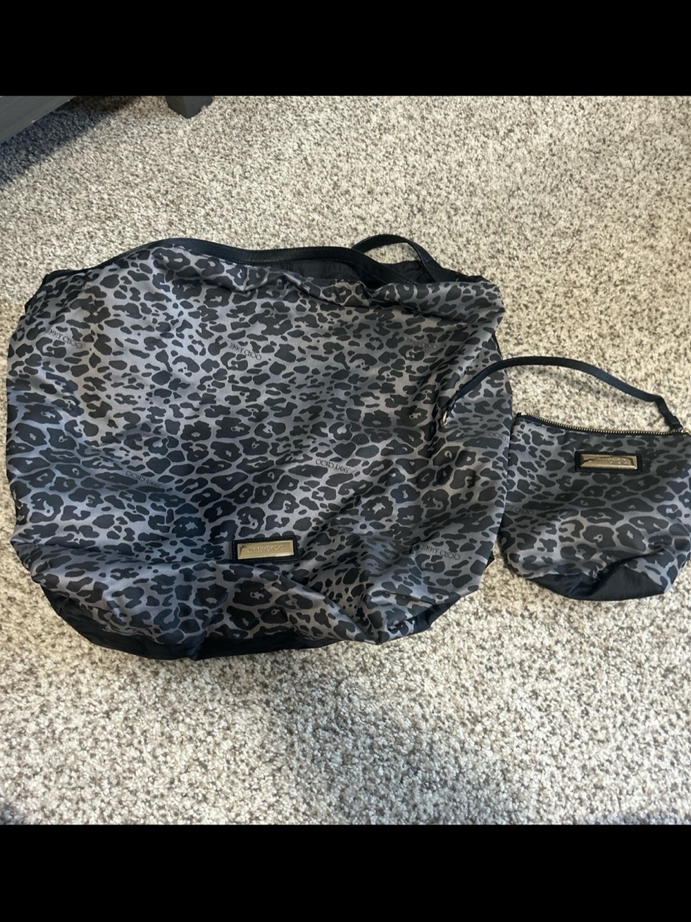 Jimmy Choo Gray and Black Leopard Print Tote with Pouch